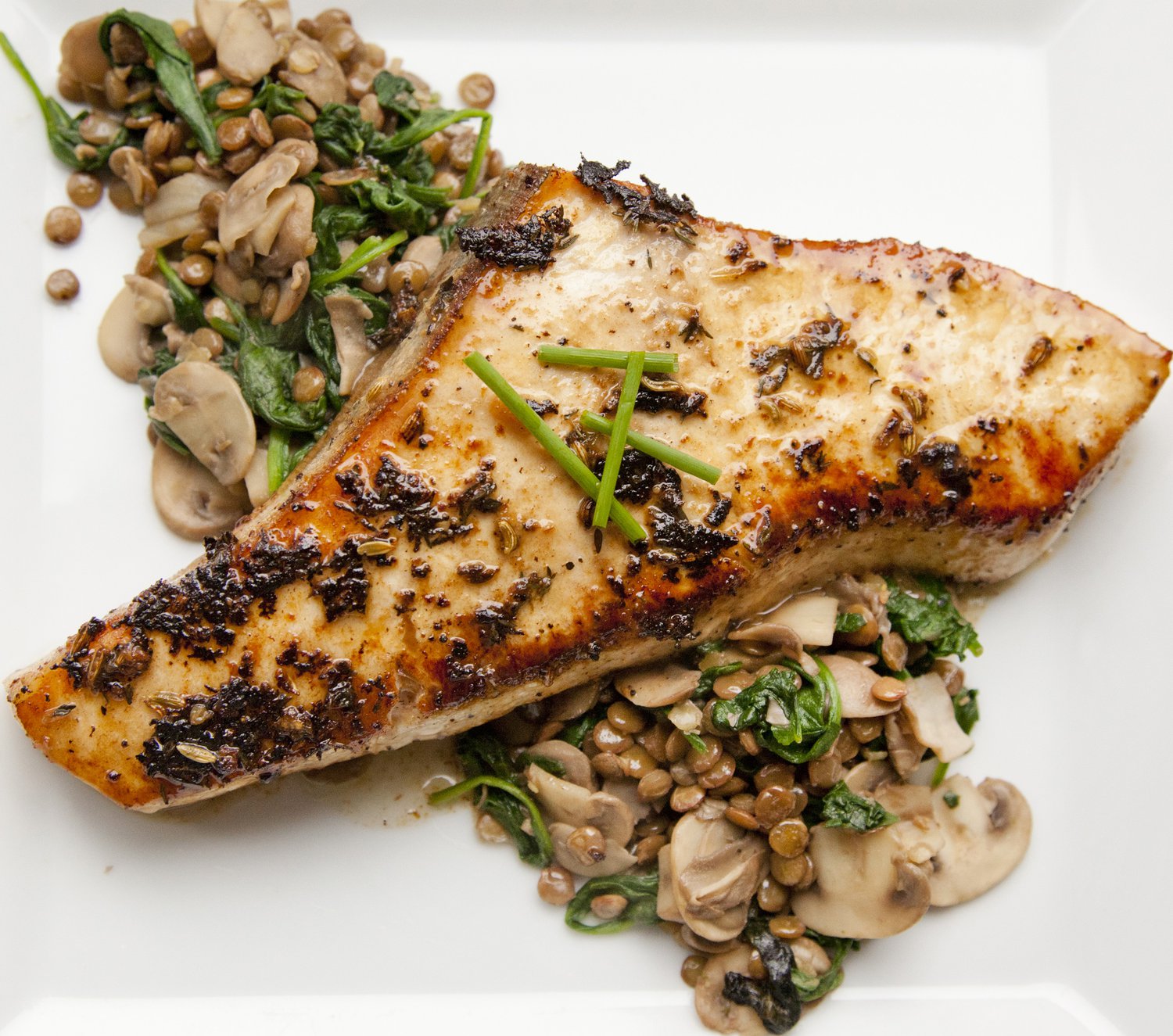 UrbanCookery Sautéed Swordfish over a Lentil, Spinach and Mushroom Salad